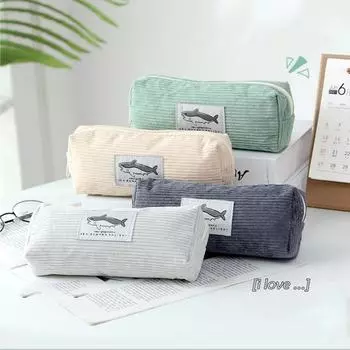 Милый вельветовый пенал с маленькой акулой, ручка для вышивки, сумка, подарок для девочек и детей, школьные и офисные канцелярские принадлежности, органайзер серый