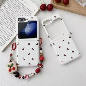 Милый вишневый принт красный браслет 2 шт складной чехол для Samsung Z Flip6 Flip5 Flip4 Flip3 глянцевый ударопрочный жесткий ПК тонкий чехол для телефона Samsung Z Flip6 белый/бежевый
