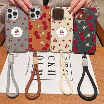 Милый вишневый узор тонкий мягкий противоударный чехол для телефона iPhone 16 Pro Max 15 Pro 14 13 12 11 ремешок матовый ТПУ кожа текстура бампер чехол iPhone 16 чёрный/красный