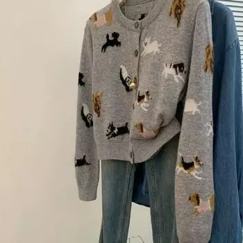 Милый вязаный кардиган с изображением животных для леди, корейский осенний однобортный свитер с круглым вырезом серого цвета, короткий универсальный топ для женщин S серый