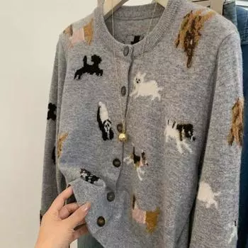 Милый вязаный кардиган с изображением животных, женский однобортный свитер с круглым вырезом, серый, корейский, короткий, универсальный, осенний топ S серый