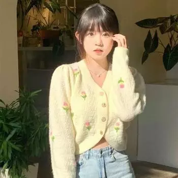 Милый вязаный кардиган с вышитым тюльпаном и цветком тюльпана, женский вязаный кардиган с v-образным вырезом, 2023, короткий свободный и нежный кардиган с длинными рукавами, пальто, женские топы
