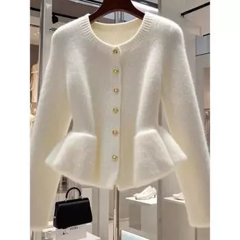 Милый вязаный кардиган «Temperament Goddess Fan» с круглым вырезом, оборками на талии и длинными рукавами на осень/зиму. XL (recommended for 120-130 jin) белый