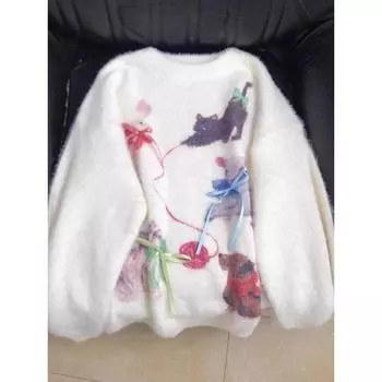 Милый вязаный свитер с мультяшным принтом и бабочкой для женщин, мягкий и пушистый пуловер на осень и зиму S