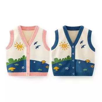 Милый вязаный жилет с героями мультфильмов для девочек, детский жаккардовый кардиган с v-образным вырезом, свитер, пальто из хлопка, от 1 до 5 лет 100