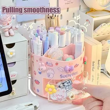 Милый вращающийся держатель для ручек, настольный ящик, ящик для канцелярских принадлежностей, чехол, школьный офисный стол, Kawaii, коробка для хранения канцелярских принадлежностей, органайзер, наклейки белый