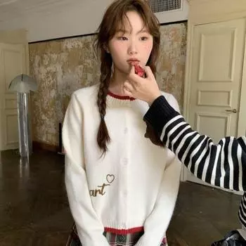 Милый вышитый вязаный кардиган с цветными блоками, женская весенняя новинка, свободный топ с длинными рукавами one size белый