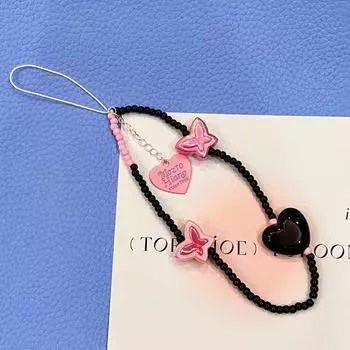 Милый Y2k Kawaii розовая бабочка черное сердце кулон Diy из бисера телефон подвеска ремешок ремешок для камеры брелок для девочек эмо ювелирные изделия подарок