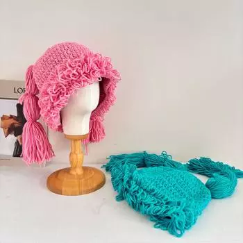 Милый забавный парик коса двумерная мягкая теплая холодная шапка для девочки осень и зима новая шерстяная шапка ручной работы женская M56-58cm чёрный