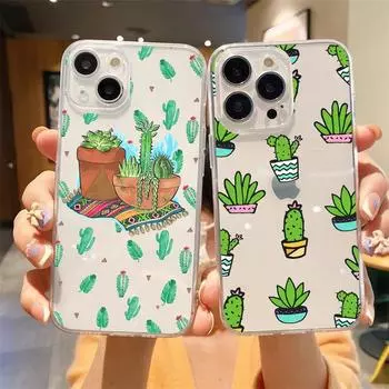 Милый зеленый кактус ботаника роскошный прозрачный мягкий чехол для телефона для iPhone 15 14 13 12 11 Pro Max XS X XR 7 8 Plus противоударный чехол iPhone 13Pro Max