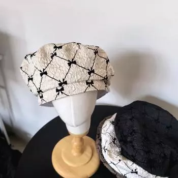 Милый женский берет из сирсакера, летний, с тонким бантом, маленький, свежий, с индивидуальным принтом, шляпа M56-58cm белый