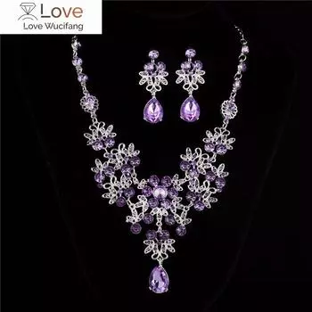 Милый женский комплект украшений из радужных кристаллов, подвесные серьги серебряного цвета для свадьбы, роскошные свадебные цветочные цепочки для женщин 40cm красный