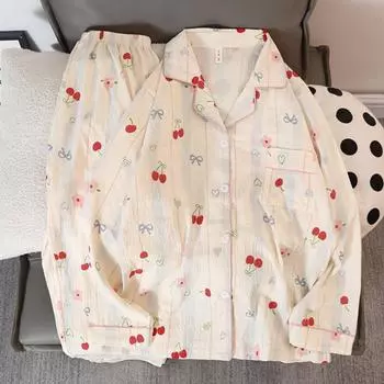 Милый женский пижамный комплект из 2 предметов с принтом в виде цветка вишни и галстука-бабочки, на пуговицах, с V-образным вырезом, женская одежда для сна, новая домашняя одежда с героями мультфильмов M