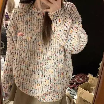 Милый женский свитер с радужным рисунком в горошек, женский трикотаж, осень-зима, круглый вырез, забавный контрастный цвет, пуловер с длинными рукавами S