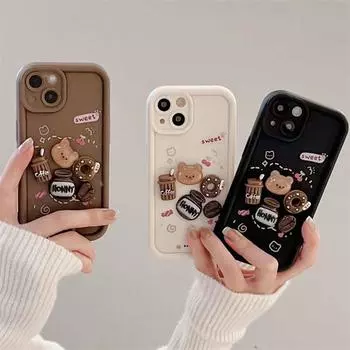 Милый 3D-чехол для телефона с изображением медведя, кофе, конфет, милого, жидкого, для iPhone 16, 11, 13, 12, 14, 15, Pro Max, XR, XS Max, 8, 7 Plus, корейский мультяшный чехол iPhone 7 белый