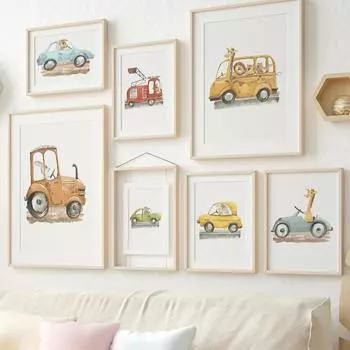Милый Жираф Кролик Тигр Лев Автомобиль Автобус Грузовик Путешествия Детская Настенные Художественные Плакаты Печатает Холст Картины И Фотографии Декор Детской Комнаты 21x30cm No Framed