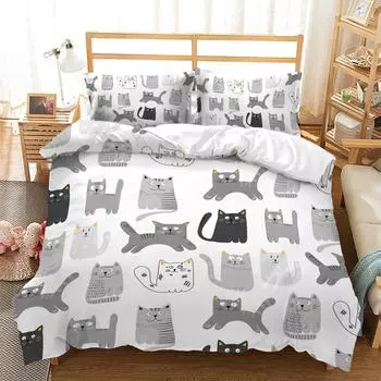 Милый Животный Котенок Трехкомпонентный 3D Цифровая Печать Пододеяльник Наволочка Постельное Белье EU single 135*200