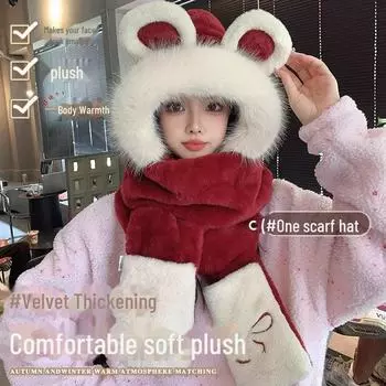 Милый зимний комплект из плюшевой шапки, шарфа и перчаток с вышитым бантом для девочки Bow bear three-piece set бежевый