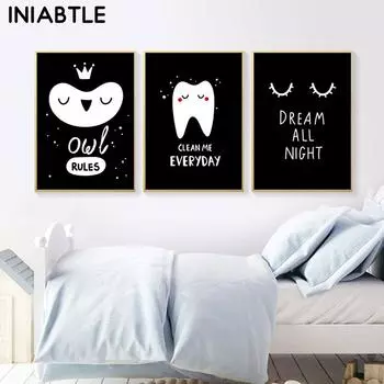 Милый Зуб Совы Черно-Белый Детская Стена Книги по искусству Холст Плакат Принт Скандинавские Детские Украшения Картина Картина Детская Декор Комнаты 21cm30cm NoFrame