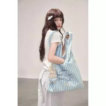 Min Kamp New Niche Blue Stripe Letters Print Large Capacity All-Match Shopping Bag Shoulder Tote Bag Blue Stripe Bag
