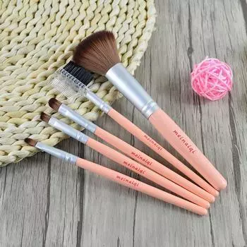 Minaiqi 5 Makeup Brushes Suit Solid Wood Handle 5 Brush Suit Beginner Makeup Tools Man-made fiber Light orange 5 brushes