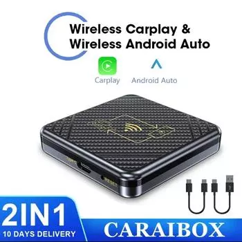 Mini 2 в 1 Ai Box проводной беспроводной CarPlay и Android Auto адаптер 5Ghz WiFi Type-C/USB Plug & Play автомобильный ключ автоматическое подключение чёрный