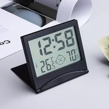 Mini Alarm Clock Temperature Humidity Foldable Battery Powered Snoze Table Clock 12/24H LCD Digital Clock With CR2025 Battery белый