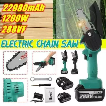 Мини-электрическая цепная пила 1200 Вт, литиевая батарея 288 В, одноручный садовый инструмент для обрезки с цепными пилами, перезаряжаемый деревообрабатывающий инструмент 1Battery
