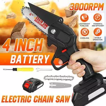 Мини-электропила цепная 4 дюйма 1500 Вт, аккумуляторная, для деревообработки, садовый инструмент 1*Battery чёрный