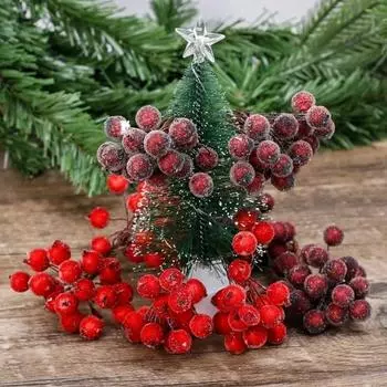 Mini Artificial Frosted Berry Stamen Christmas Double Head Holly Berries Fake Flowers Bouquets DIY Wreath Xmas Party Decoration 20PCS-(1 Bunch) вино красного