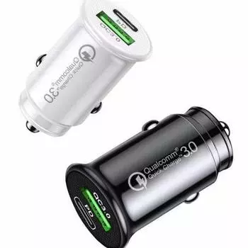 Мини-автомобильное зарядное устройство PD20W + QC18W Автомобильное быстрое зарядное устройство для мобильного телефона от одного до двух автомобильных прикуривателей 5V2.1A белый