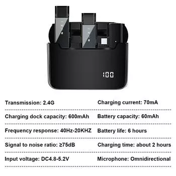 Мини беспроводной петличный микрофон 2 шт. для мобильного телефона, всенаправленный петличный микрофон на 360 градусов с дисплеем 1 microphone and 1 receiver