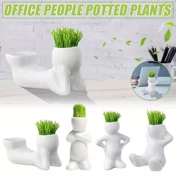 Мини-бонсай, голова, трава, волосы, белое керамическое растение, сад, кукла-дерево, травяной горшок белый