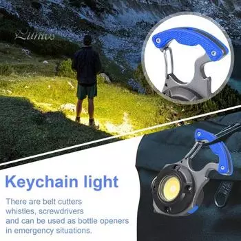 Мини-брелок-фонарь 7 режимов, регулируемый, USB-перезаряжаемый, многофункциональный, для резки ремня, отвертка, свисток, открывалка для бутылок, портативный, для кемпинга на открытом воздухе, светодиодный синий