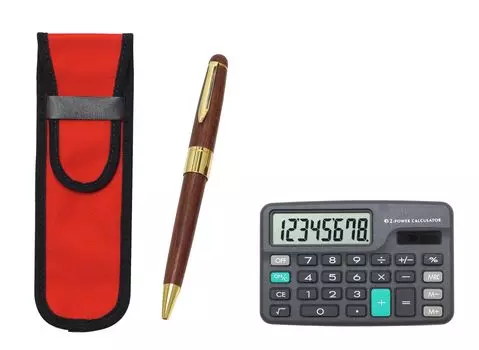 Mini calculator cloth pencil case wooden shaft royal ballpoint pen set included, red, T23-D-NK02R-1446S