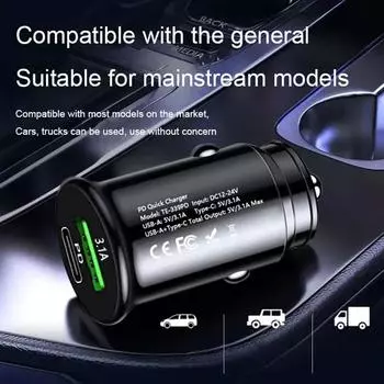 Mini Car Charger USB+PD Flash Charging Car Cigarette Lighter One Tow Two Single Line Quick Charging Head чёрный