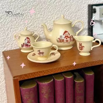 Мини-чайный набор из 5 предметов, аксессуары для кукольного домика, металлический реалистичный чайник, чайная чашка, миниатюрный чайный набор, модели для кукольного домика для детей розовый