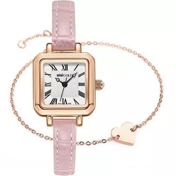 Мини-часы с золотым кожаным ремешком WSB010 + набор браслетов, популярные корейские часы