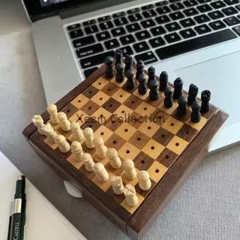 Мини-деревянные шахматы ручной работы ручной работы, винтажный шахматный набор для путешественников, старинная деревянная шахматная доска, уникальная мини-портативная копия шахматной доски