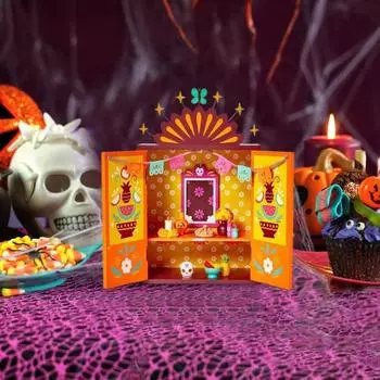 Мини-деревянный алтарь День мертвых Алтарная коробка с рамкой для фотографий с памятью Мексиканский узор Мини-алтарь для домашнего украшения стола жёлтый