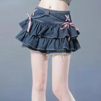 Мини-джинсовые юбки для женщин, популярные девушки, милый кавайный бант, винтажная одежда Y2k, американская уличная одежда, сексуальное лето трапециевидной формы в готическом стиле S белый