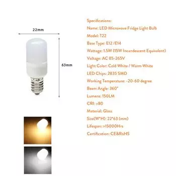 Мини E14 E12 светодиодная лампа 1,5 Вт 2835 SMD T22 холодный теплый белый свет лампы 85-265 В для холодильника морозильника заменить галогенную лампу 15 Вт E12 110V-260V