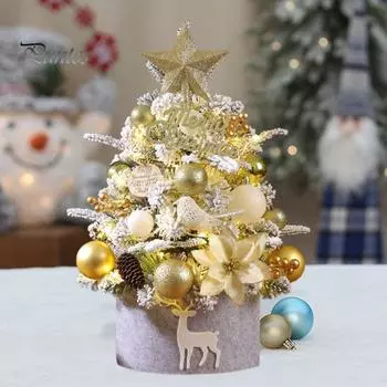 Мини-елка, искусственная настольная рождественская елка с шишковидными шариками, светодиодная подсветка на батарейках, маленькая рождественская елка для декора стола золотистый