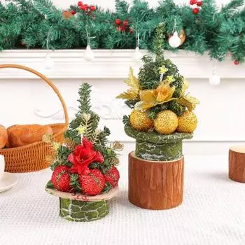 Мини-елочное украшение, искусственные сосновые ветки, цветы с блестящими шариками, многоразовая праздничная мини-елка для вечеринки, центральный элемент камина красный