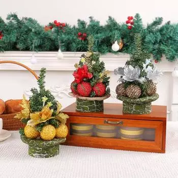 Мини-елочное украшение, искусственные сосновые ветки, цветы с блестящими шариками, многоразовые серебряный