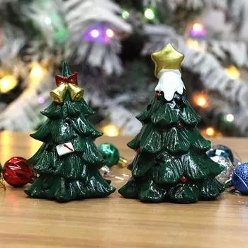 Мини-елочные украшения из смолы, миниатюрные зимние фигурки, светящаяся зеленая елочная статуя со звездой/колокольчиком наверху для декора домашней комнаты A