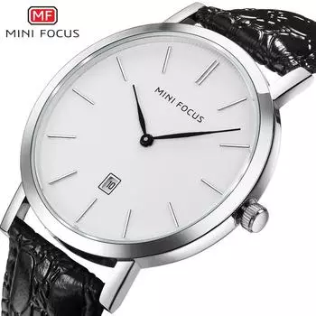 MINI FOCUS Простые мужские часы с календарем, водонепроницаемый кожаный ремешок, кварцевые часы, мужские кварцевые часы