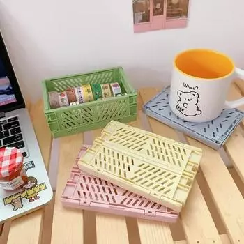 Mini Folding Plastic Storage Box Collapsible Storage Container Desktop Cosmetic Storage Basket Home Office Organizer Box светло-синий