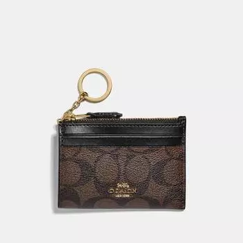 Мини-футляр Coach Mini Skinny из канвы Signature золотистого, коричневого, черного цвета