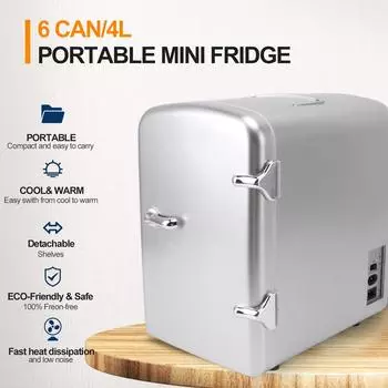 Мини-холодильник 36 Вт 4 л 6 банок вместимость портативный дорожный автомобильный холодильник охладитель и подогреватель с низким уровнем шума 12 В для закусок по уходу за кожей 110-240 В EU серебряный
